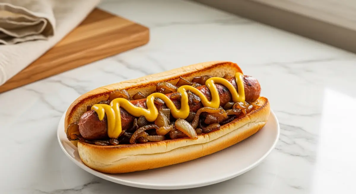 Reheated bangers and charred onions piled on a toasted hoagie with hot honey mustard