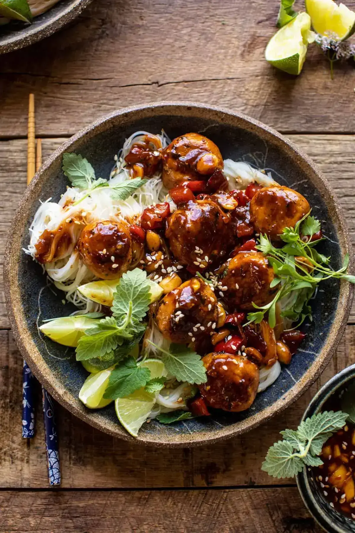 30 Minute Sticky Thai Meatballs with Sesame Noodles