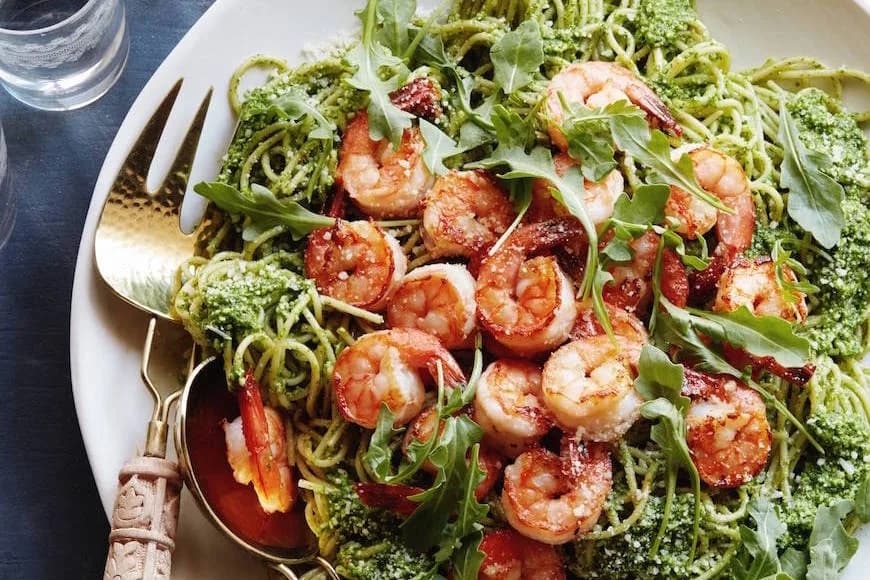 Arugula Pesto Pasta with Garlic Shrimp