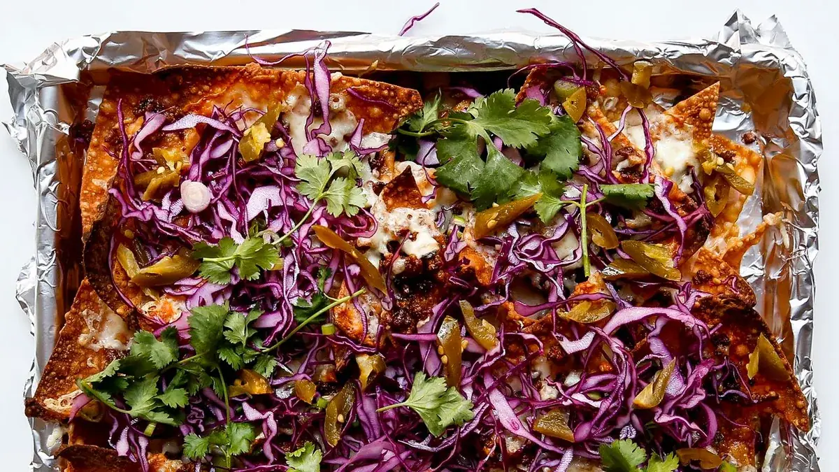 Asian-Style Pork Nachos with Red Cabbage and Scallions