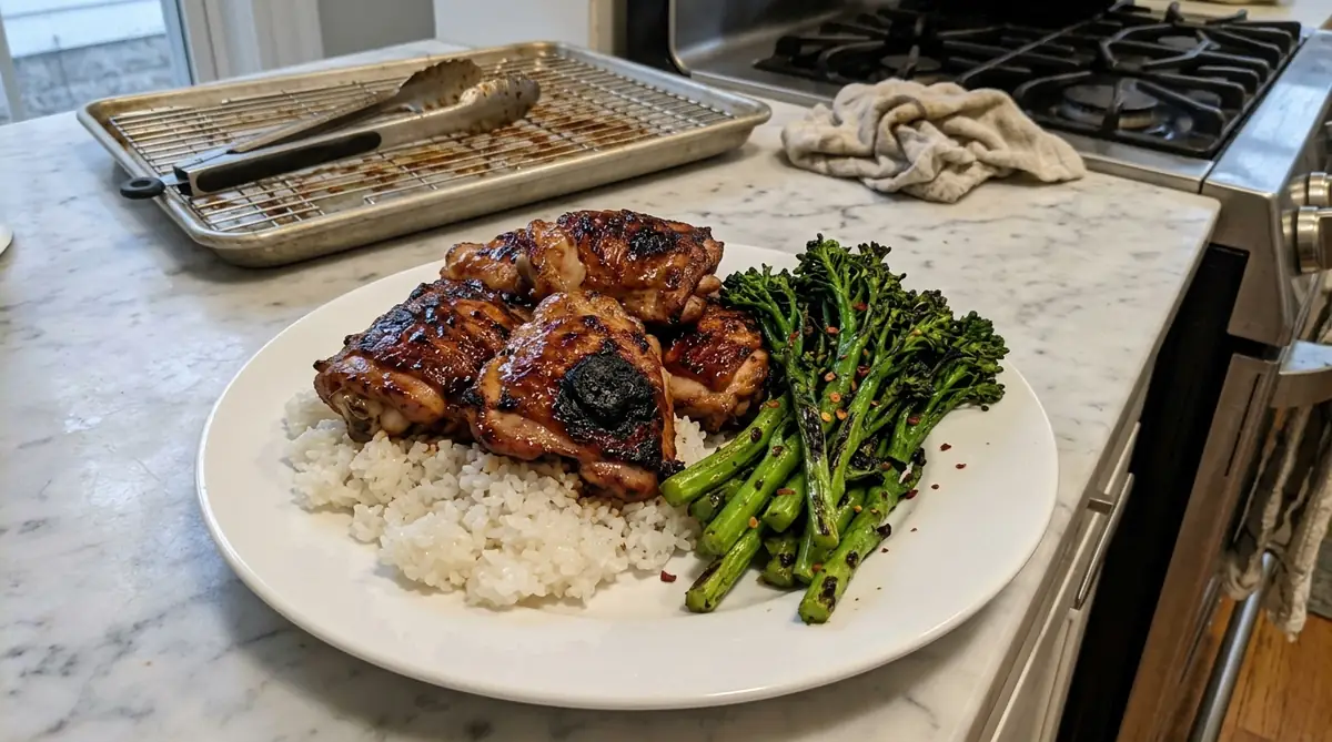 Bachan's Grilled Chicken Thighs with Sushi Rice and Chili Broccolini