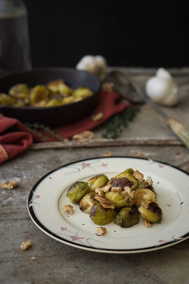 Bacon Fat Roasted Brussels Sprouts with Crispy Garlic and Thyme