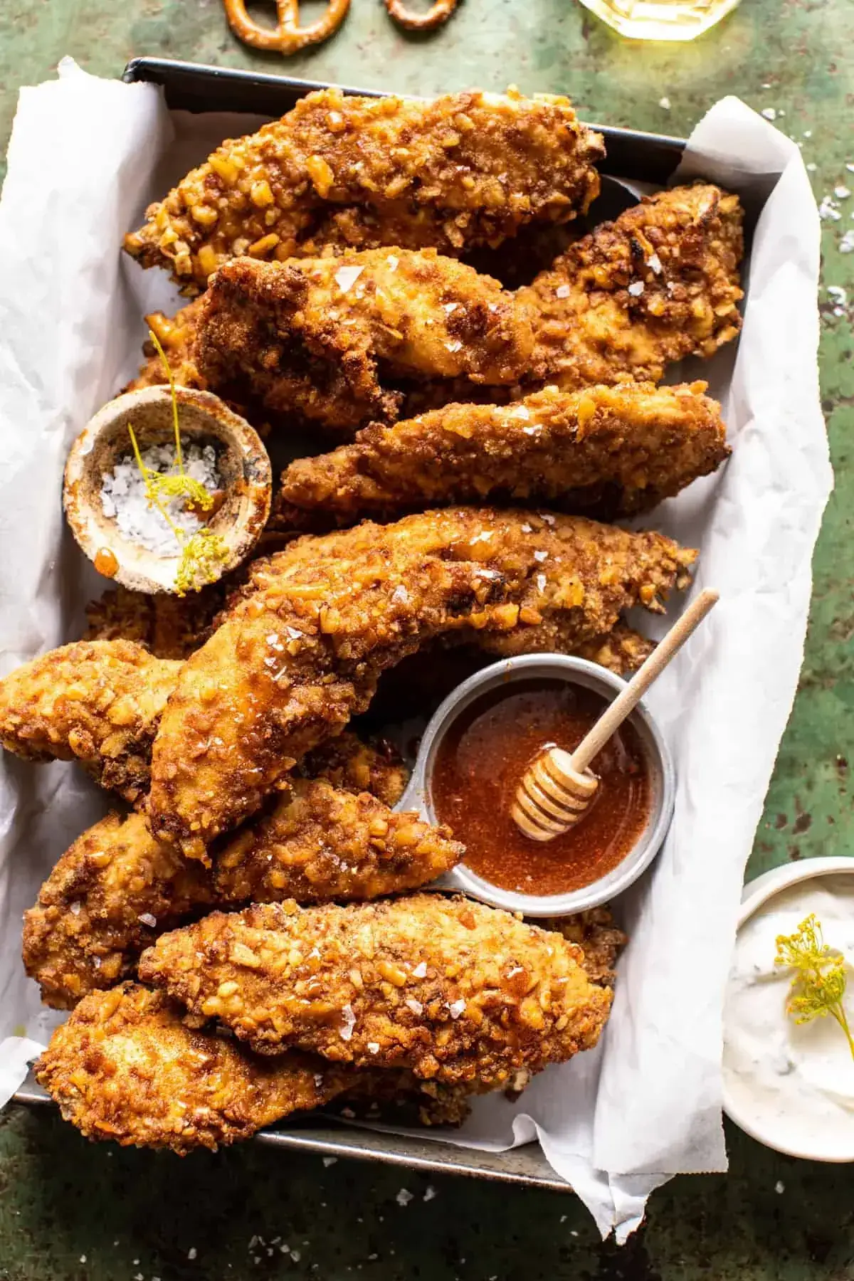 Baked Hot Honey Mustard Pretzel Chicken Fingers