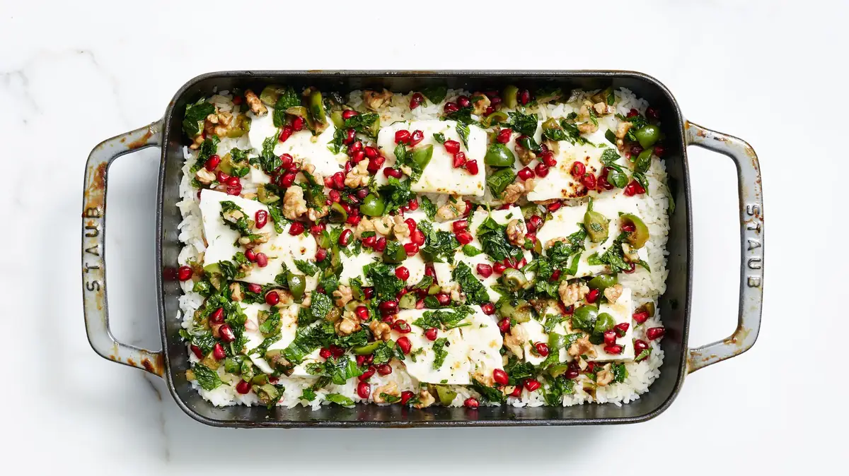 Baked Minty Rice with Feta and Pomegranate Relish