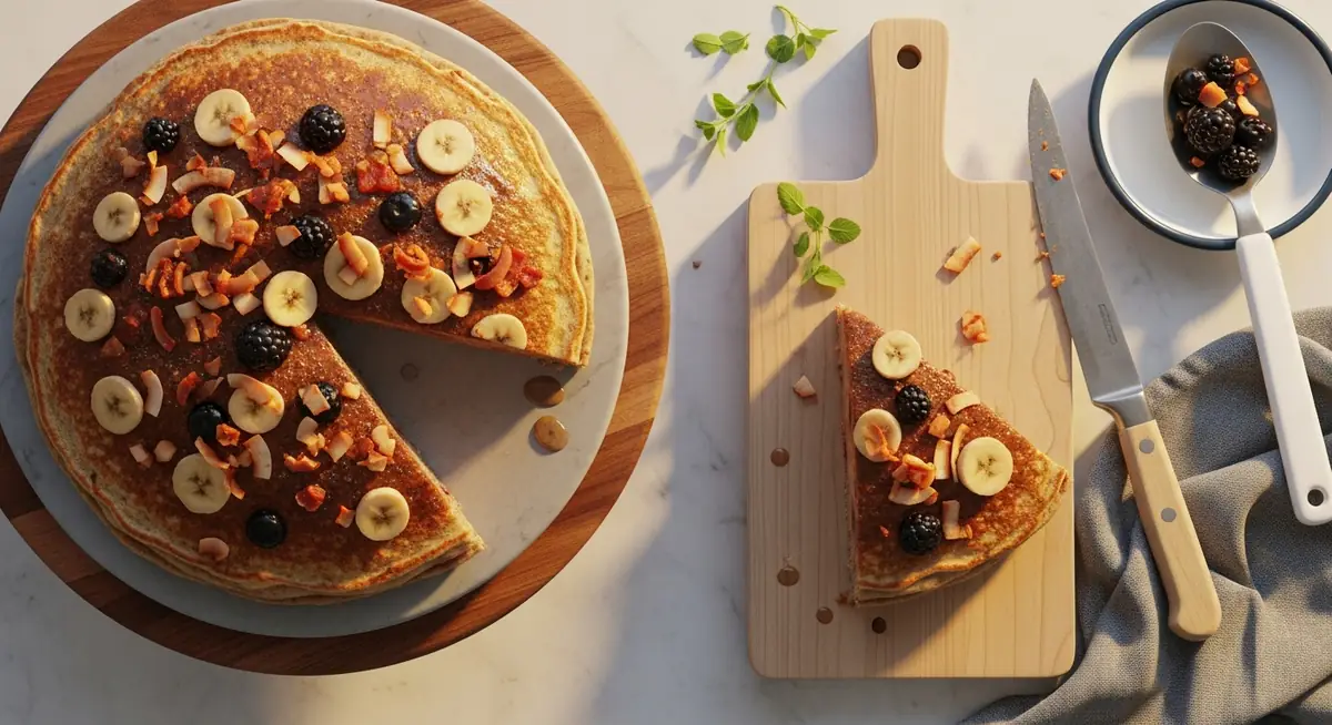 Banana Pancakes with Berries and Coconut Bacon