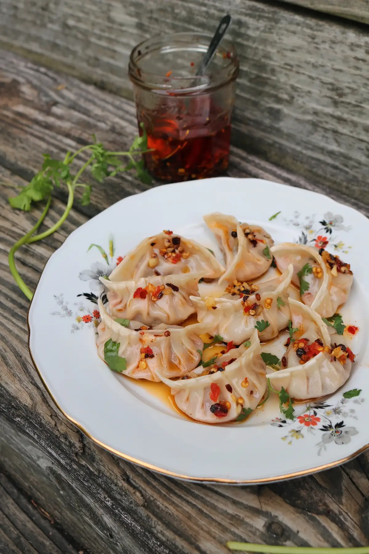 Beef, Cabbage & Cilantro Dumplings with Spicy Fried Garlic Oil