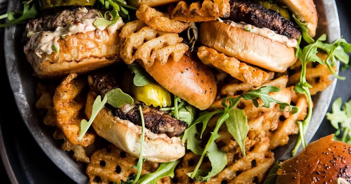 Beef Sliders with Sun-Dried Tomato Mayo and Spicy Pickles
