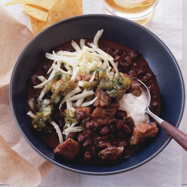 Black Bean Chili with Crispy Pork and Poblano Salsa