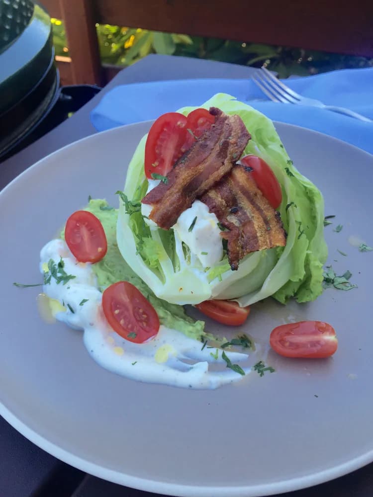 BLT Wedge Salad with Summer Blue Cheese Dressing and Avocado Mousse