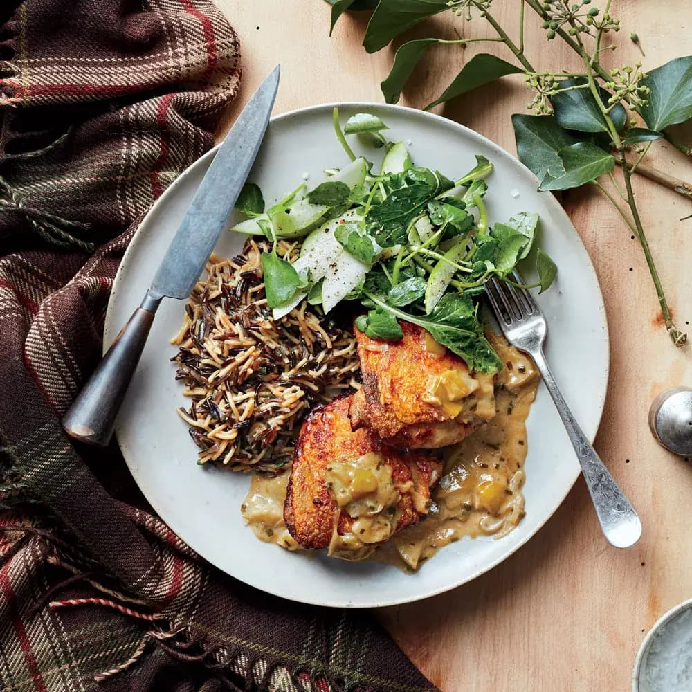 Braised Chicken Thighs with Apples and Wild Rice