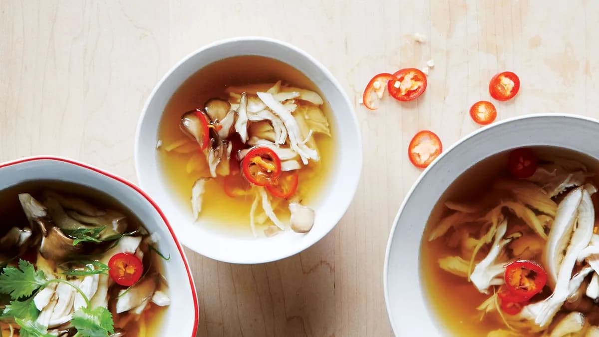 Brothy Poached Chicken with Mushrooms and Fresh Chile