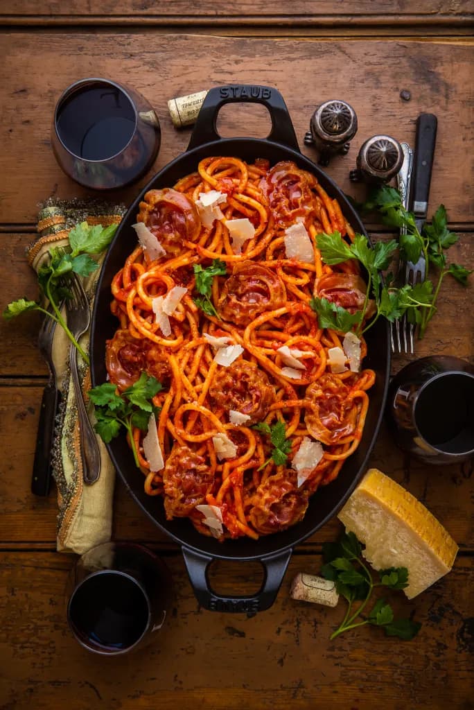 Bucatini with Spicy Marinara & Pancetta
