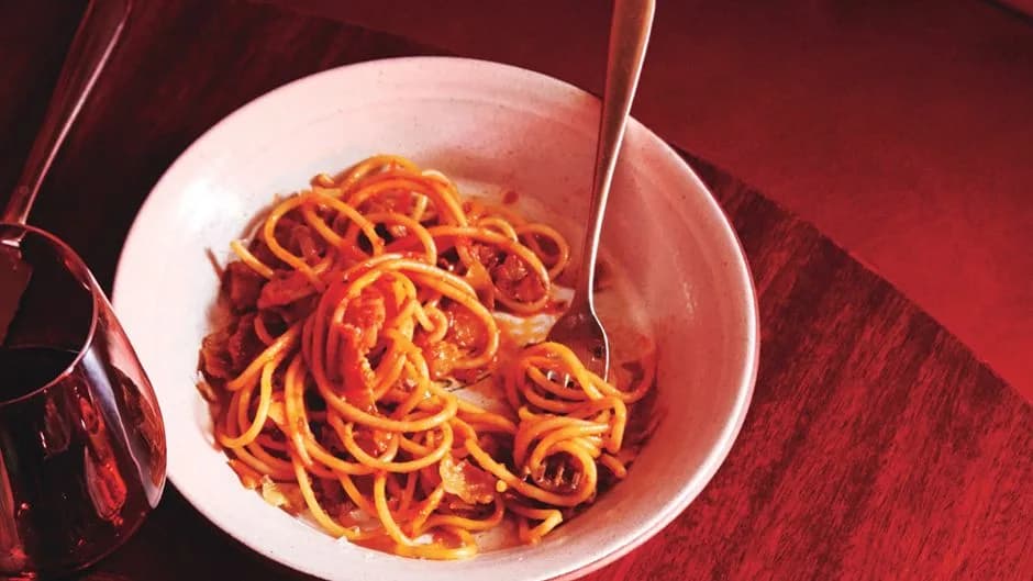 Bucatini with Tomato, Guanciale, and Chile