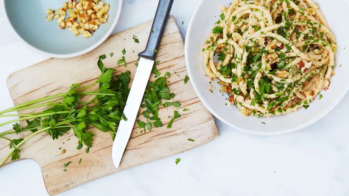 Bucatini with Walnut-Parsley Pesto