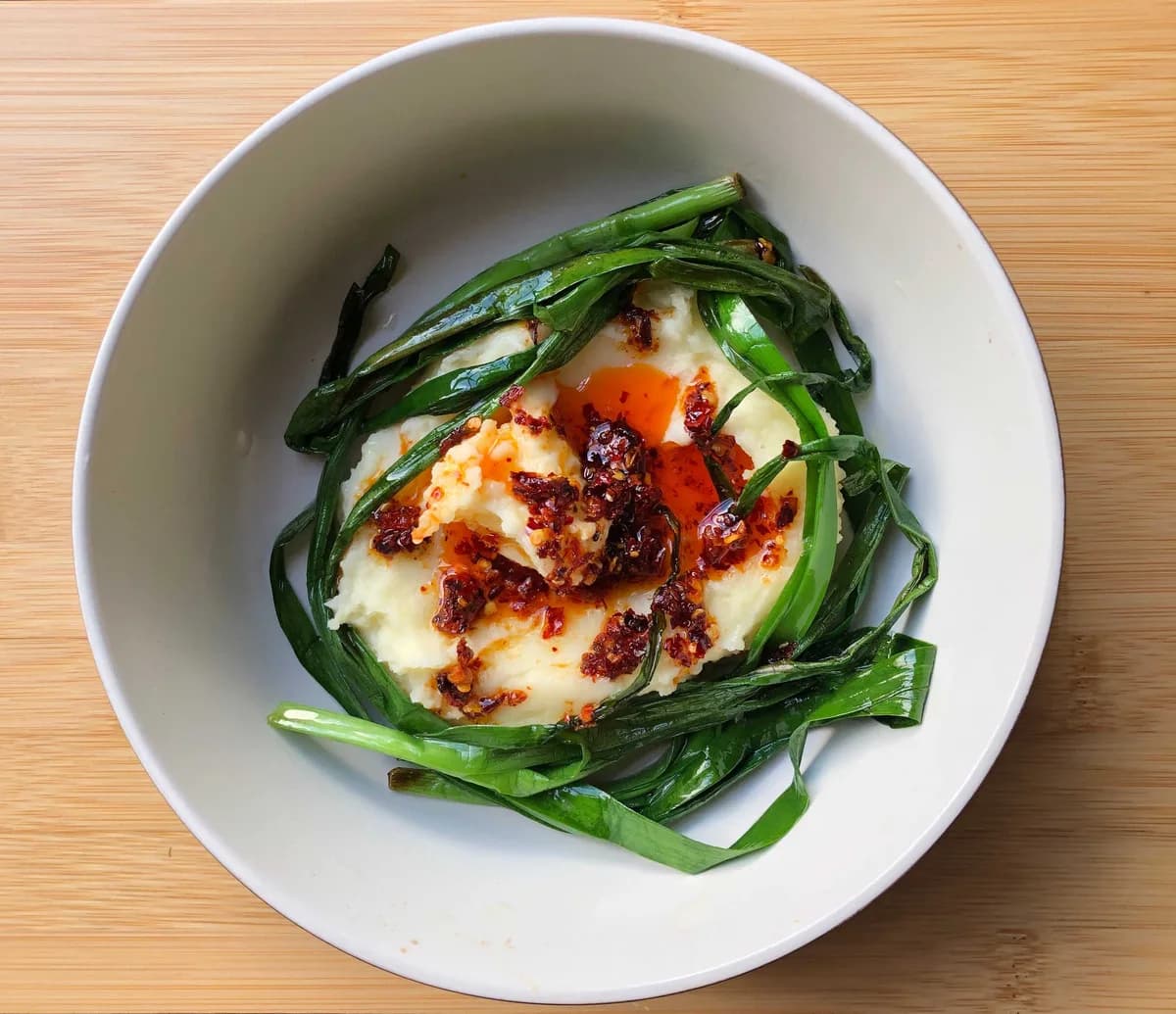 Buttery Mash with Charred (Ish) Chinese Chive and Homemade Chilli Oil Drizzle