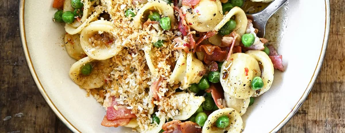 Buttery Orecchiette with Crispy Pancetta and Peas