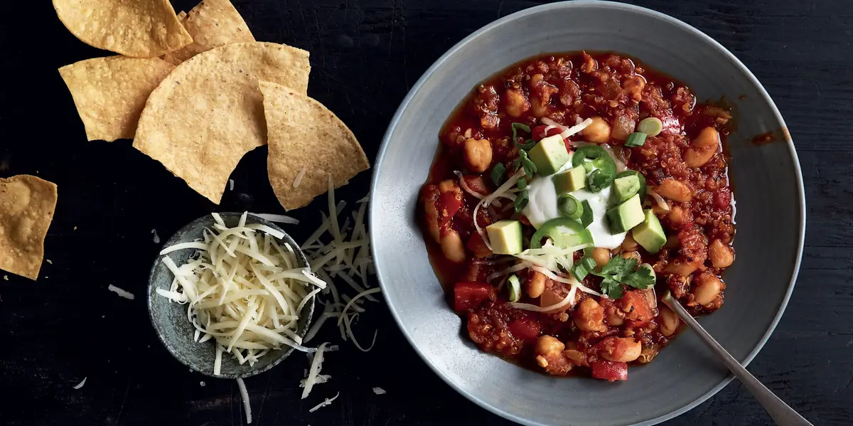 Chickpea, Quinoa, and White Bean Chili