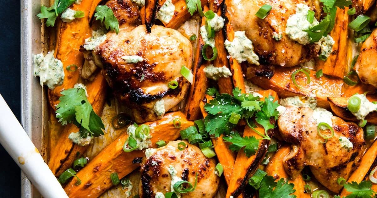 Chili-Honey Chicken & Sweet Potatoes W/ Cilantro Yogurt