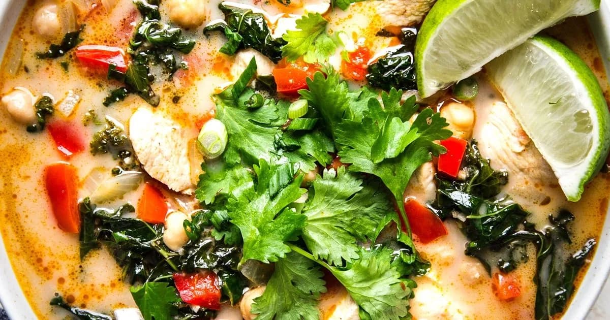 Coconut Curry Soup with Chicken, Chickpeas and Hearty Greens