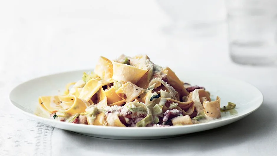 Creamy Pappardelle with Leeks and Bacon