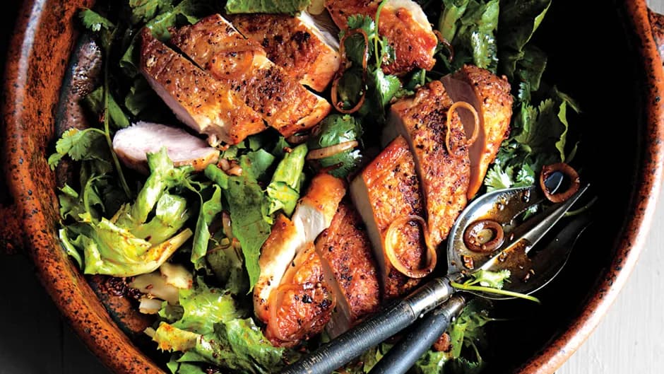Crispy Chicken Breasts with Chermoula and Escarole