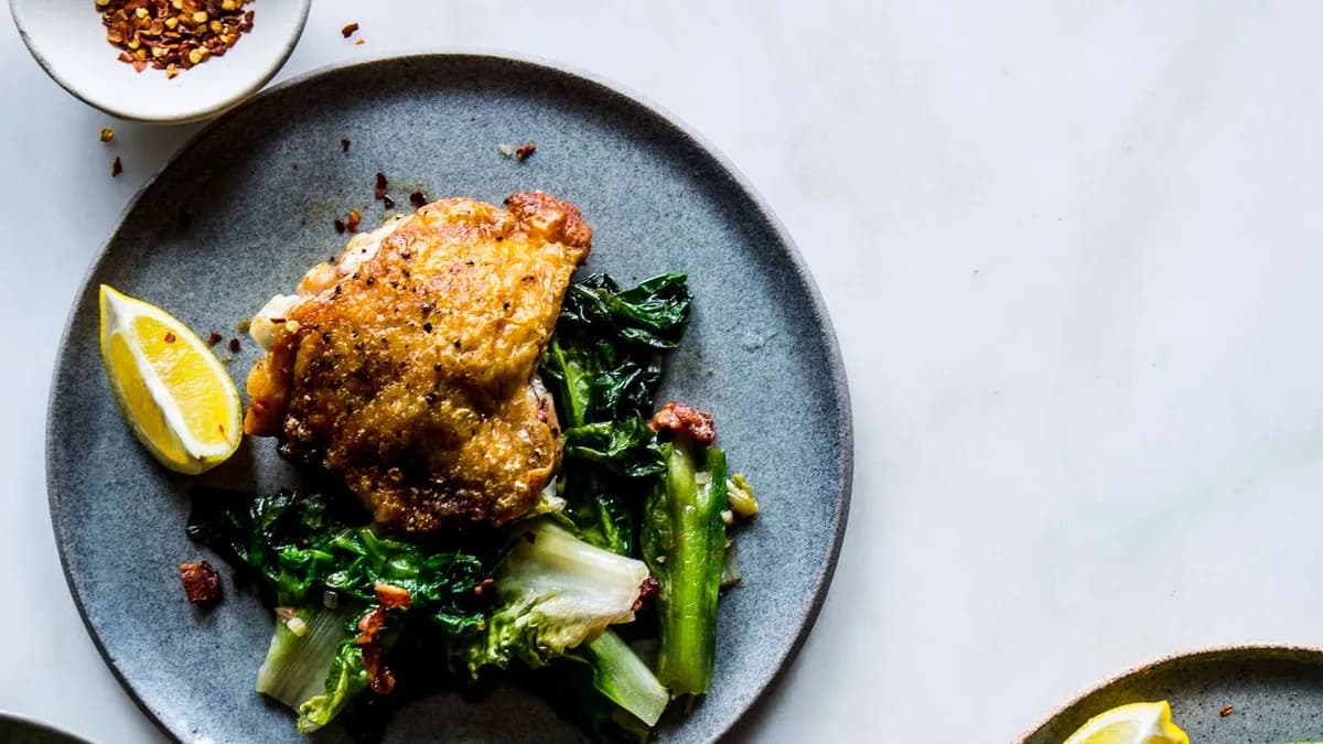Crispy Chicken Thighs with Bacon and Wilted Escarole