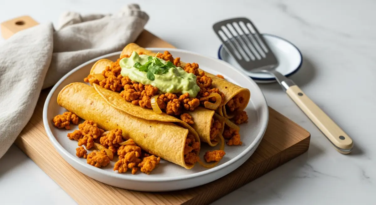 Crispy Chicken Tinga Taquitos with Lime Avocado Crema