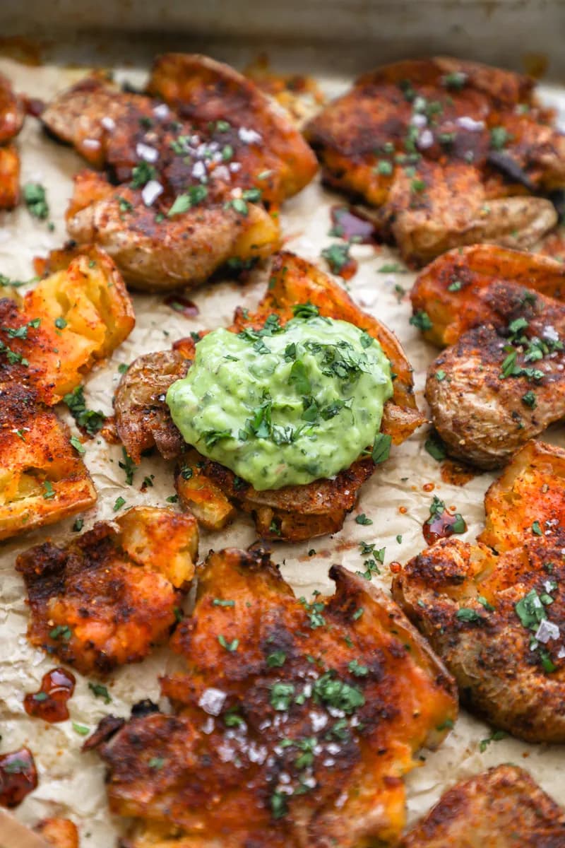 Crispy Chili Smashed Potatoes with Avocado Chimichurri