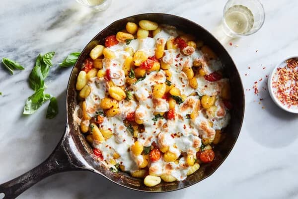 Crispy Gnocchi with Burst Tomatoes and Mozzarella