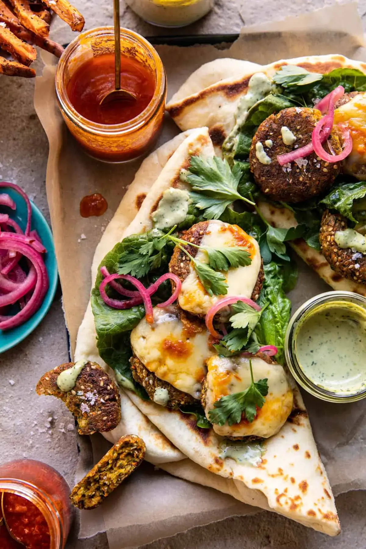 Crispy Sesame Falafel Melts with Garlicky Green Tahini
