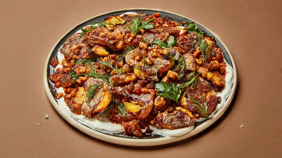 Crispy Smashed Potatoes with Walnut Dressing