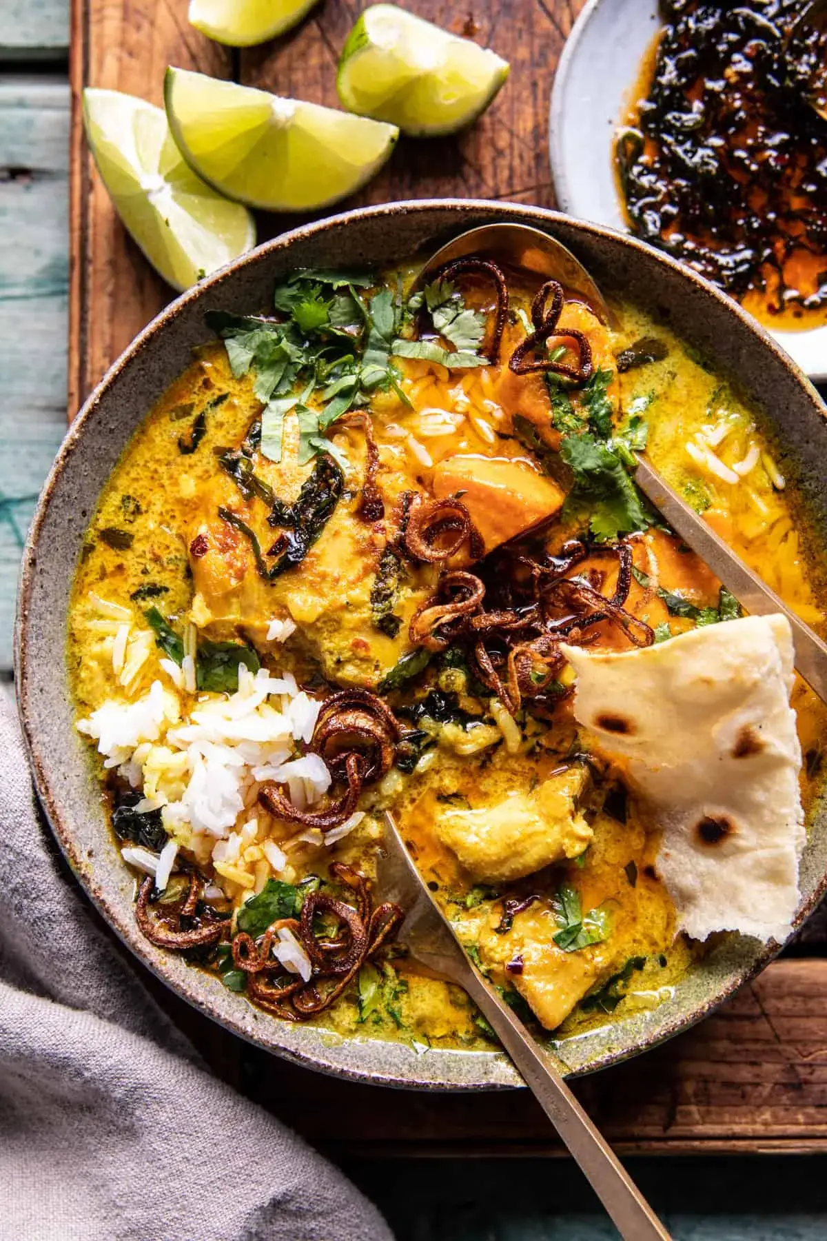 Crockpot Coconut Chicken Curry with Crispy Shallot Basil Oil