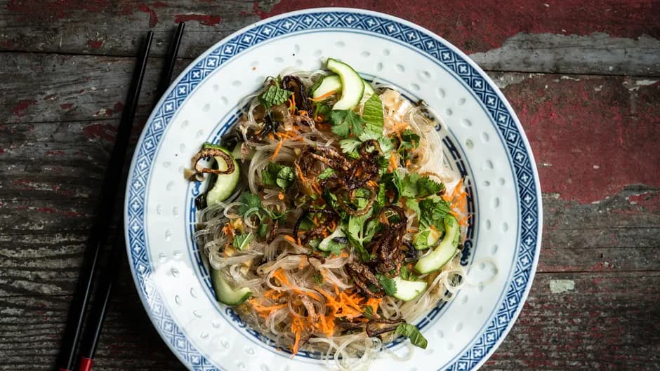Cucumber and Carrot Vermicelli with Crispy Shallots