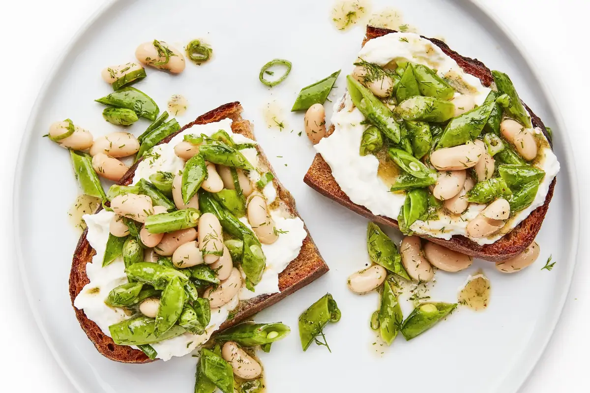 Dilly Beans and Peas on Ricotta Toast