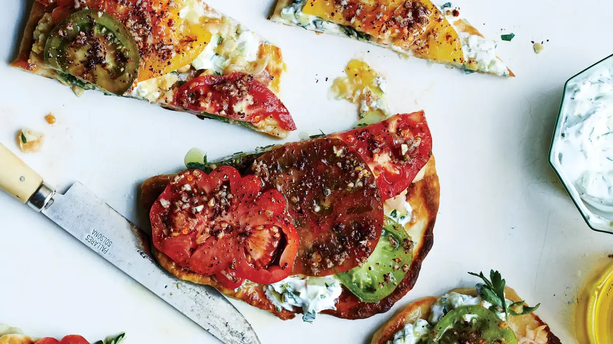Falafel-Spiced Tomatoes and Chickpeas on Flatbread
