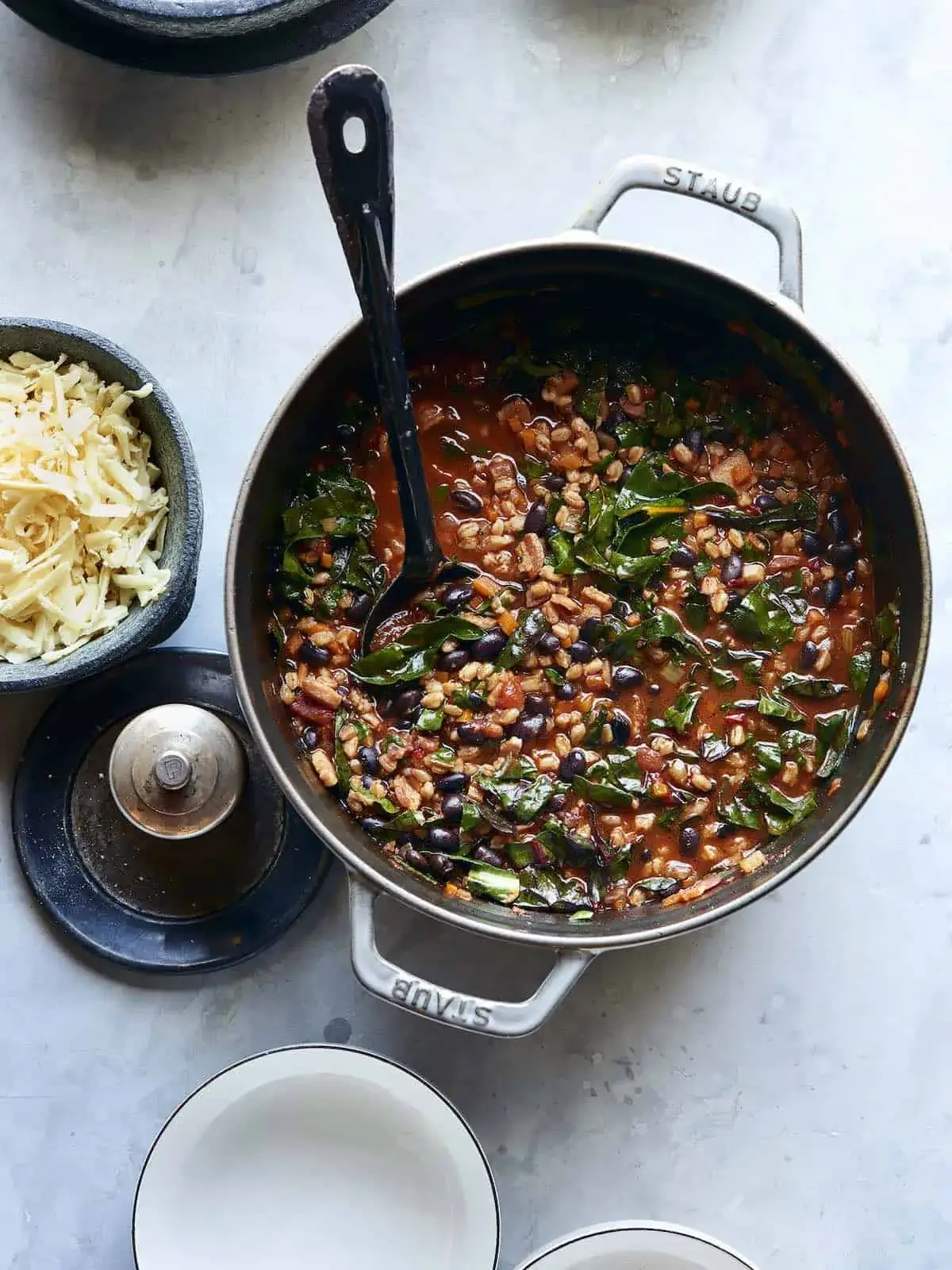 Farro & Black Bean Chili with Swiss Chard & Jack Cheese