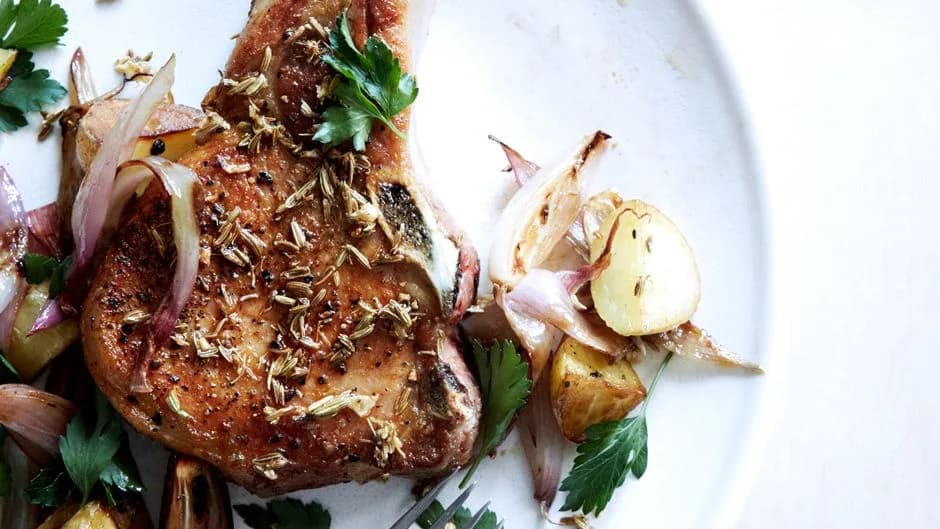Fennel-Crusted Pork Chops with Potatoes and Shallots