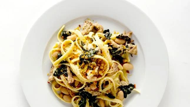 Fettuccine with Pork, Greens, and Beans
