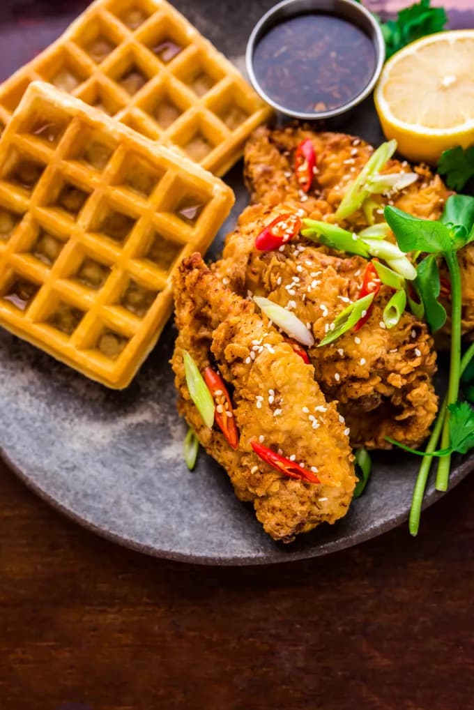 Fried Chicken & Waffles with Maple Garlic Dipping Sauce