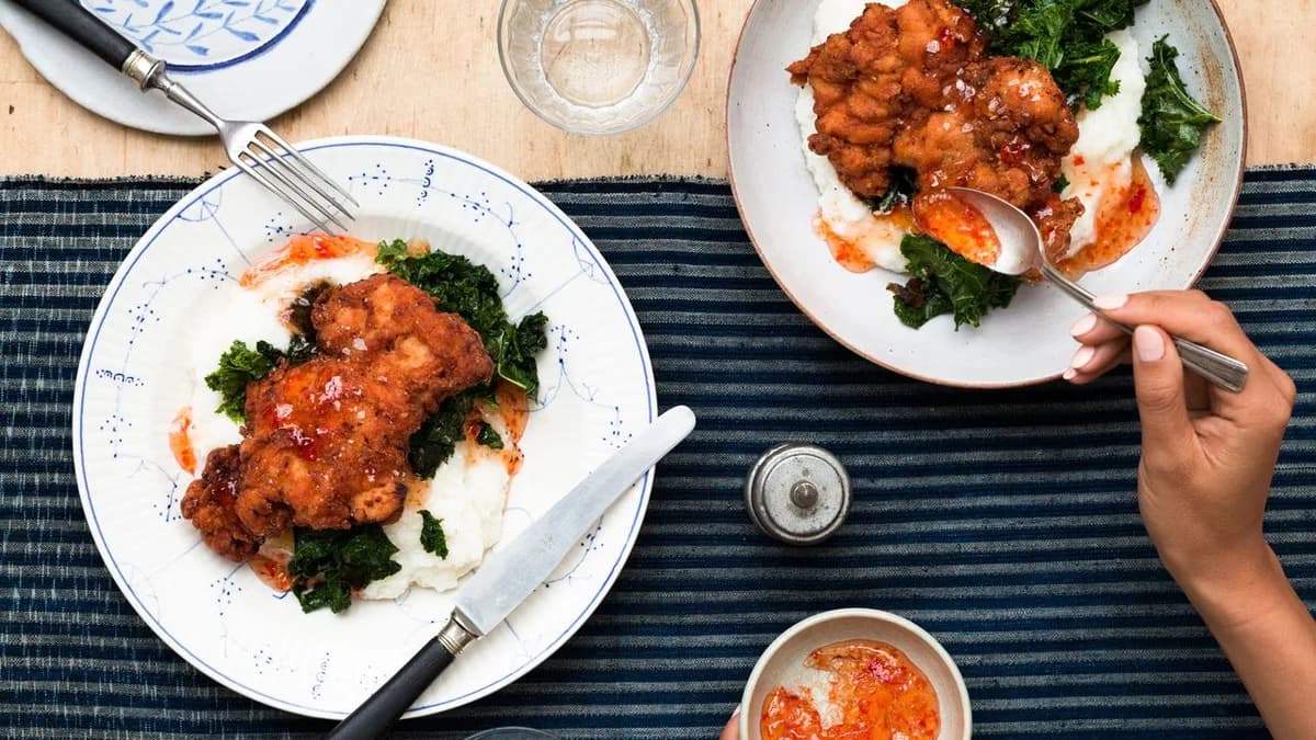 Fried Chicken Thighs with Cheesy Grits