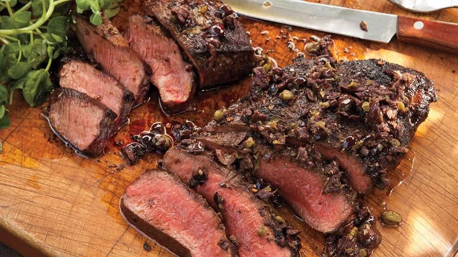 Grilled Flatiron Steaks with Tomatoes and Tapenade
