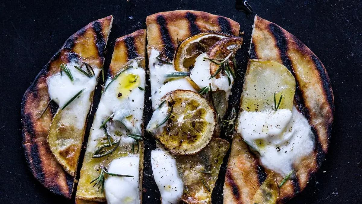 Grilled Naan with Burrata and Roasted Potato and Lemon
