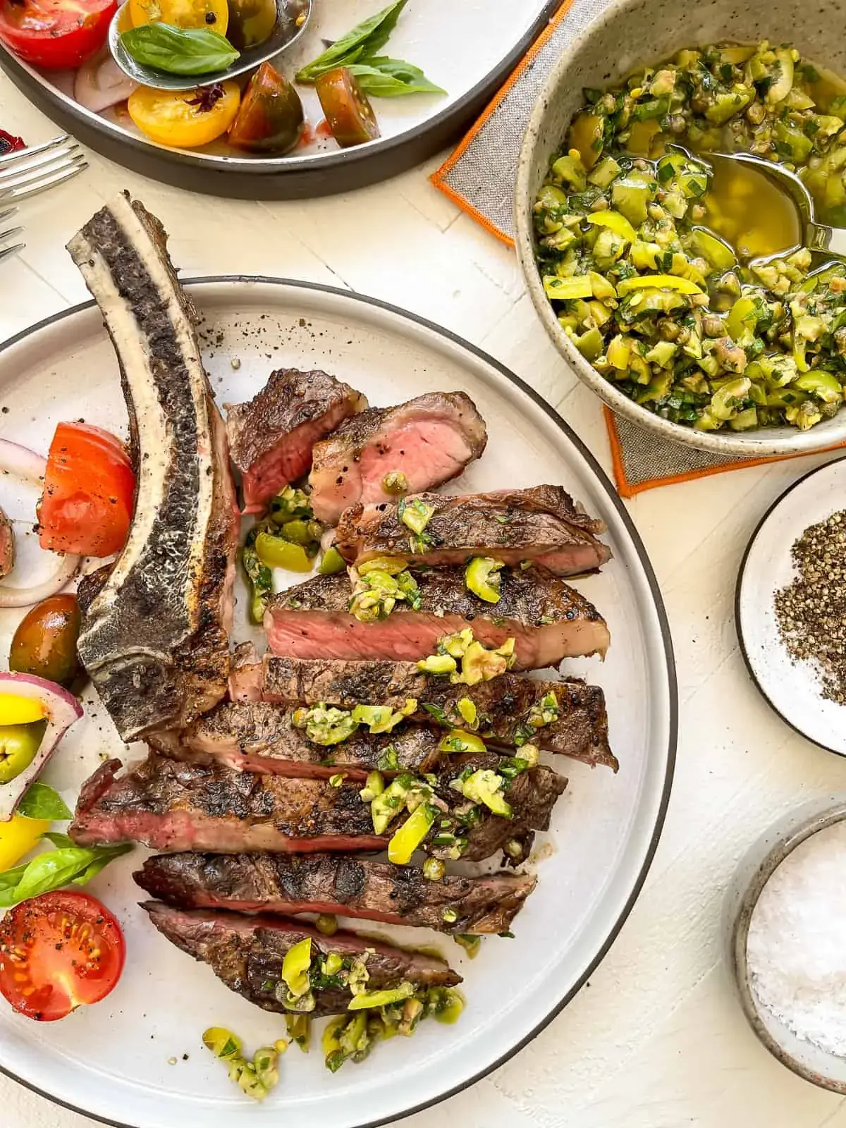 Grilled Rib-Eye Steaks with Olive-Pepper Salsa Verde