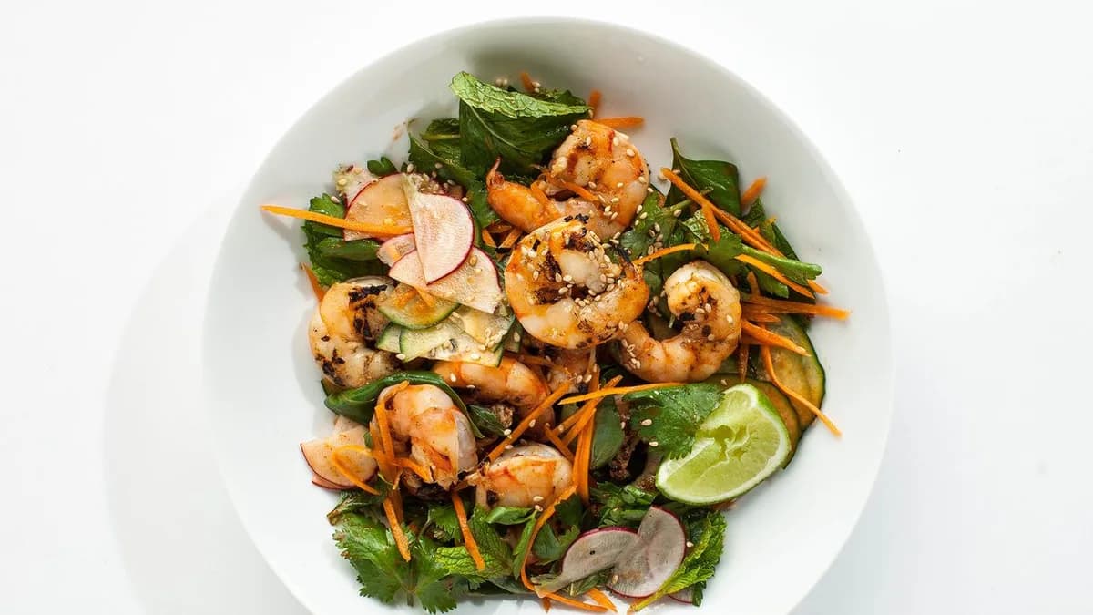 Grilled Sesame Shrimp with Herb Salad