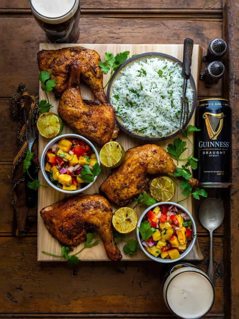 Guinness Grilled Jerk-Style Chicken Legs with Grilled Pineapple Salsa & Coconut Rice