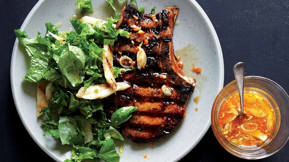 Habanero-Marinated Pork Chops with Mustard Greens Slaw
