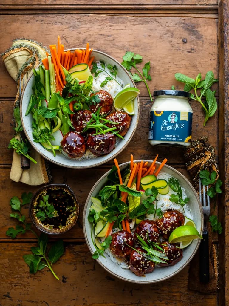 Hoisin Meatball Noodle Bowls Featuring Sir Kensington’s Mayonnaise