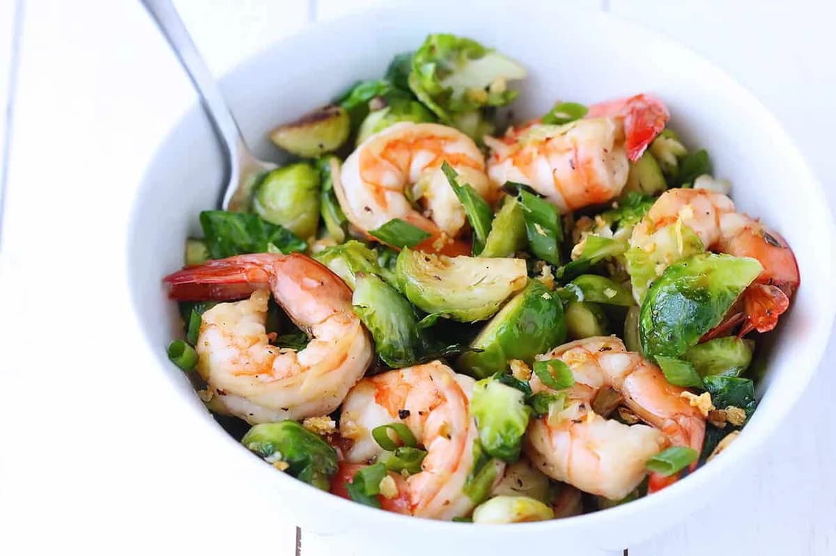 Honey Sesame Shrimp with Brussels Sprout Stir Fry