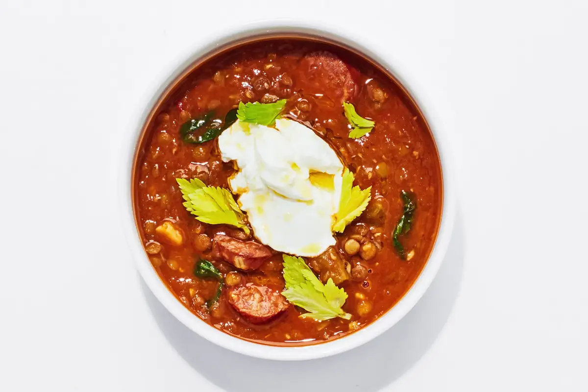 Kielbasa and Lentil Soup with Lots of Basil