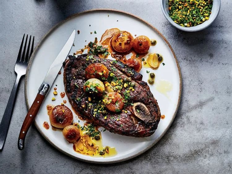 Lamb Leg Steak with Pistachio Gremolata and Marsala Onions